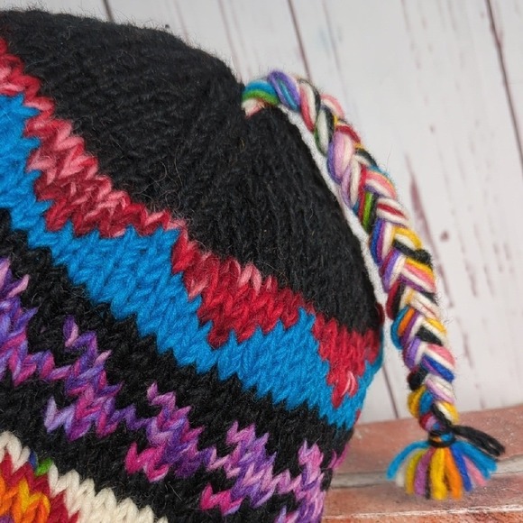 Colorful Knit Wool Chullo Peruvian Beanie Earflap Hat Made in Nepal Braided Ties